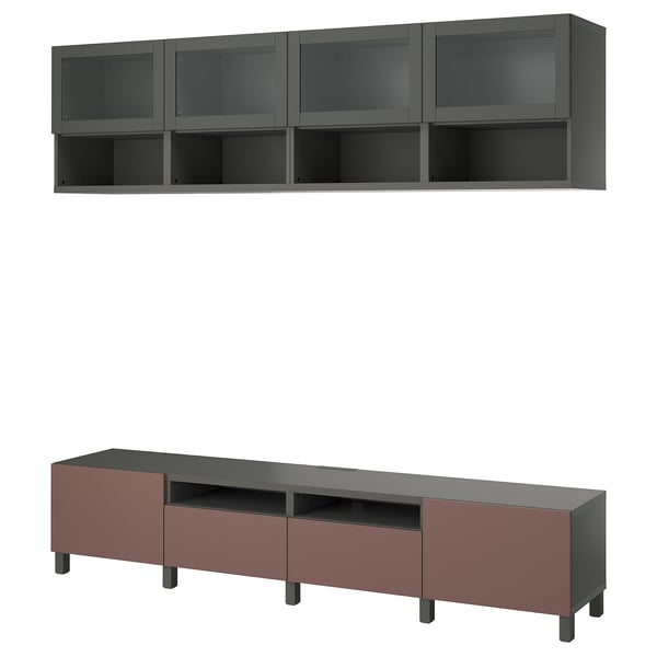 Moderner TV-Ständer & Hängeschrank, BESTÅ, dunkelrot & schwarz, klare Linien, Staufächer, schlankes Design.