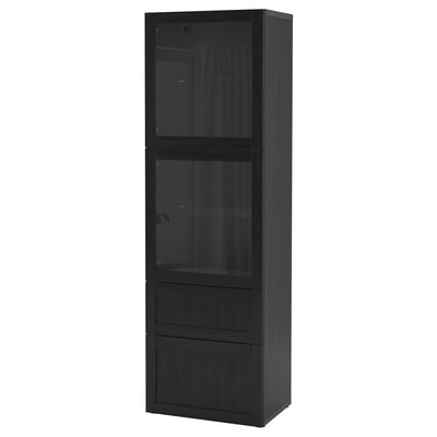 Schwarzer BESTÅ-Schrank mit Glastüren, Regalen und Schubladen zur Aufbewahrung und Präsentation.