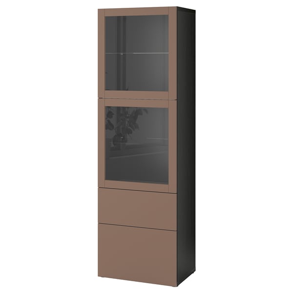 Brauner BESTÅ Hochschrank mit Glastüren und Schubladen.