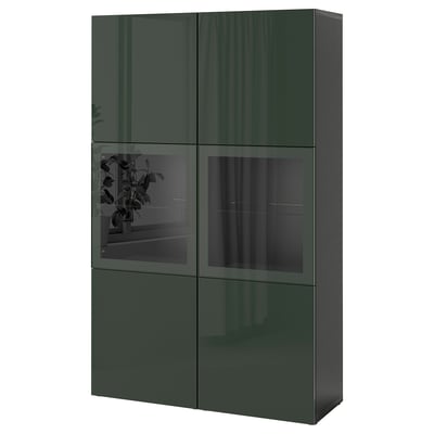 BESTÅ grüner Schrank mit Glastüren, massiver Ober- und Unterseite, verstellbaren Regalen.