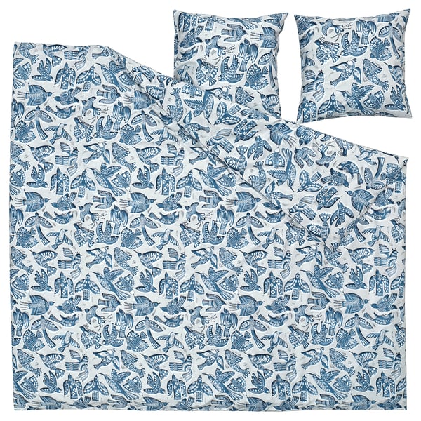 BITTERSÖTA Bettwäsche-Set: weiß, blaue Vögel, 4-teilig, weiches, recyceltes Polyester, quadratische Kissen.