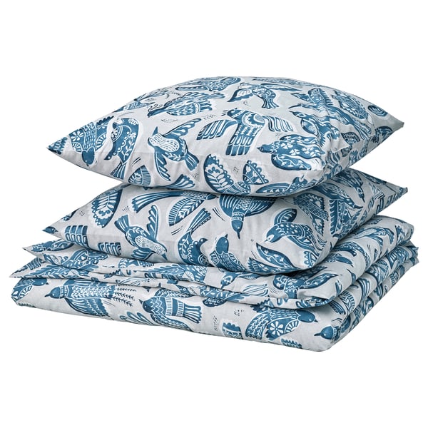 BITTERSÖTA Bettgarnitur, blau, Vogeldesign, glatt, recyceltes Polyester/Viskose.
