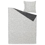 BJÖRKGRÅMAL Bettdecken-Set; weiß mit schwarzen Tupfen, Baumwolle-Viskose, rechteckig mit Kissen, schlichtes Punktdesign.