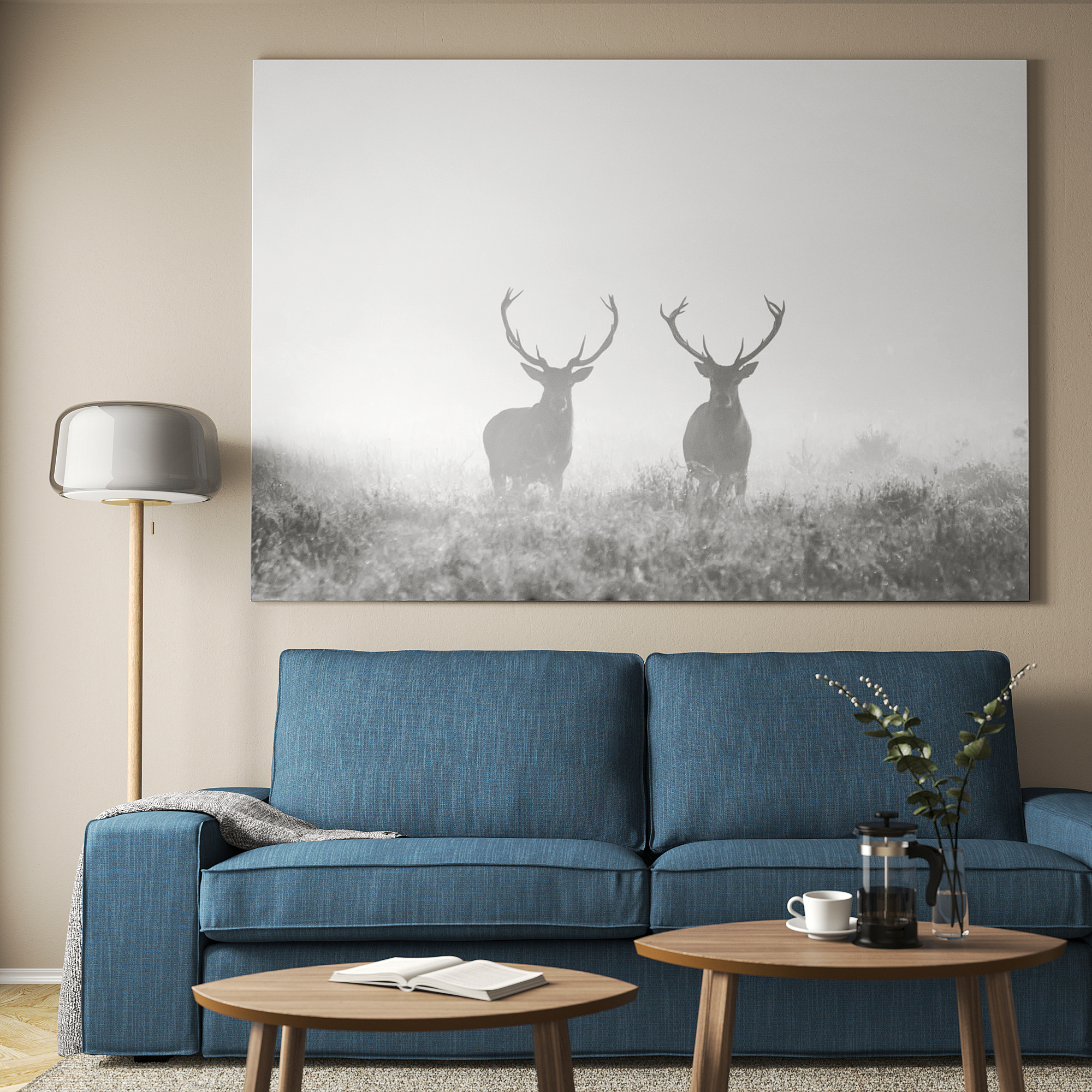 BJÖRKSTA Gerahmtes Bild - Rotwild im Nebel/schwarz - IKEA Deutschland