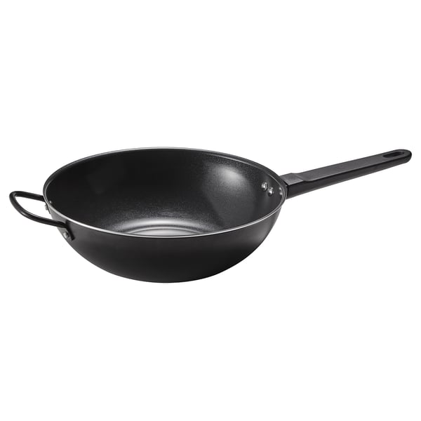 Schwarzer BLÅGYLTA Wok mit Antihaftbeschichtung und zwei Griffen zum einfachen Kochen und Aufbewahren.