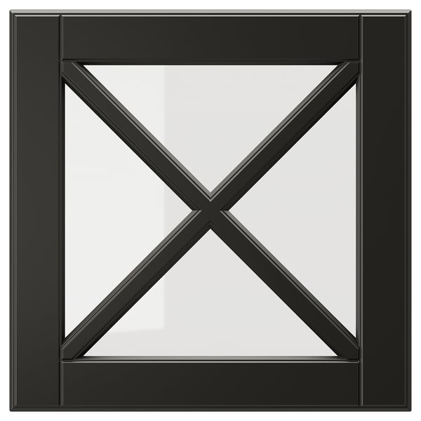 Schwarze Glastür mit Rahmen und abgeschrägten Kanten mit einem x-Design in quadratischer Form.