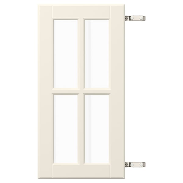 Eine weiße BODBYN Glastür mit modernem Design. Er verfügt über zwei Glasscheiben und ist mit vernickelten Scharnieren ausgestattet.