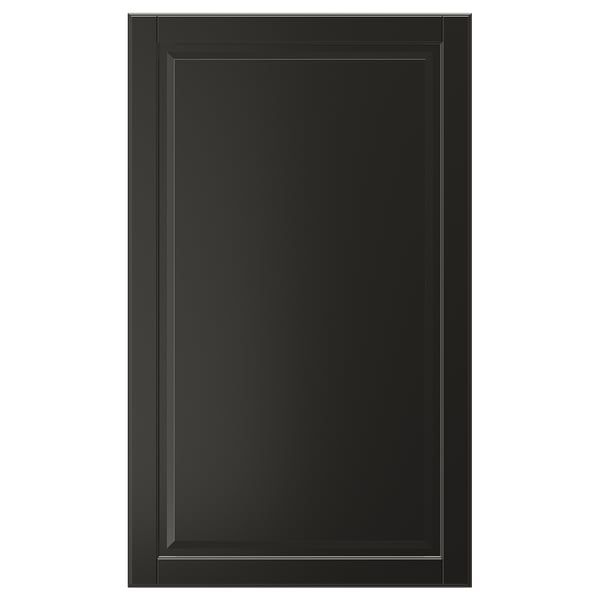 Eine schwarze Schranktür von BODBYN mit klassischem abgeschrägtem Paneeldesign. Es hat eine glatte, lackierte Oberfläche.