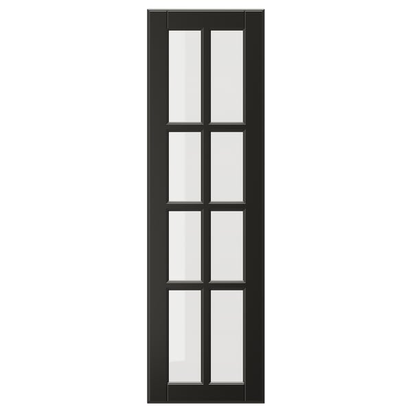 BODBYN schwarze Glastür mit abgeschrägtem Rahmen, hergestellt aus Faserplatten und gehärtetem Glas. Rechteckige Form mit klassischem Design.