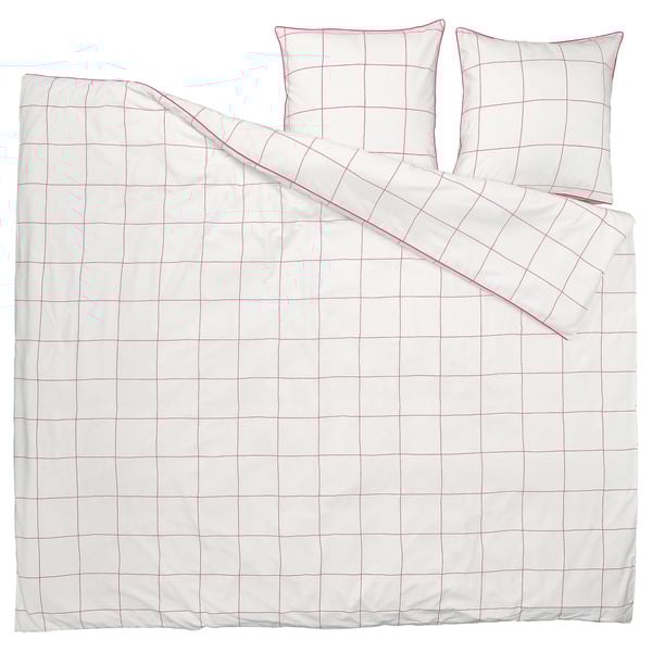 Bettgarnitur mit weißem Gitter, rosa Linien, glattem Stoff, Reißverschluss, inklusive Bettdecke und zwei Kissen.