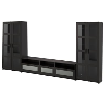 Schwarzer BRIMNES Fernseher mit Glastüren und Schubladen, schlankes Design.