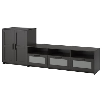 Schwarzer brrimnes TV-Ständer und Schrank mit Schubladen, modernes Design für die Medienaufbewahrung.