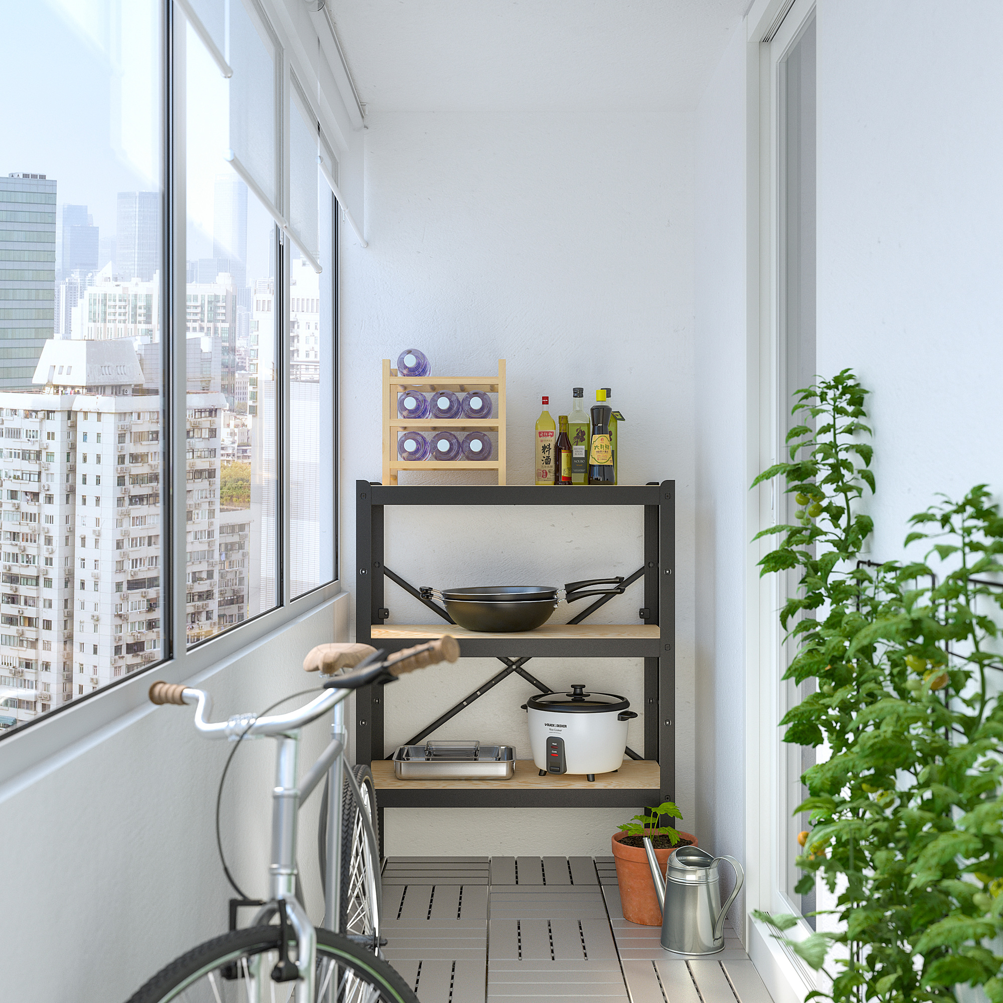 Küche Balkon mit BROR Regal, Kochgeschirr, Fahrrad, Anlage, Stadtblick.