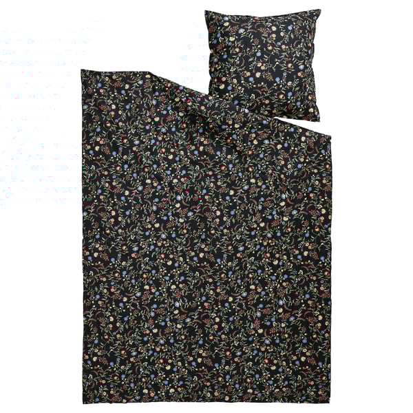 Ein dunkelgraues Bettbezugsset von BRUDKRUSBÄR mit buntem Blumenmuster aus Bio-Baumwolle. Enthält einen Kissenbezug.