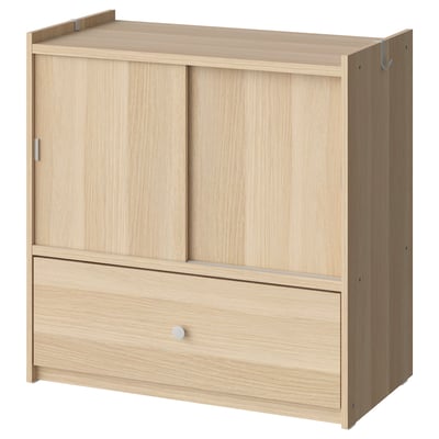 BRUKSVARA: moderner hellbrauner Schrank, Holz, rechteckig, Schiebetüren und Schublade, schlichtes Design.