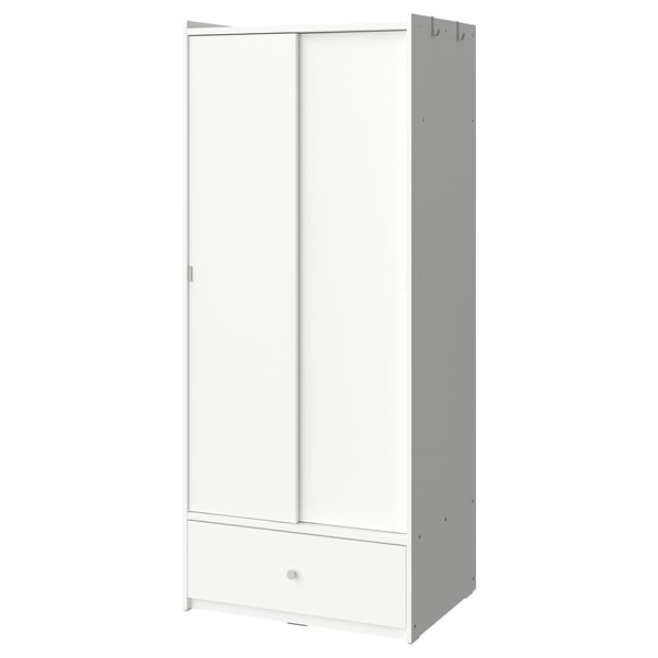 Weißer BRUKSVARA Kleiderschrank mit Schiene, Regal, Schublade und Haken für vielseitige Aufbewahrung.