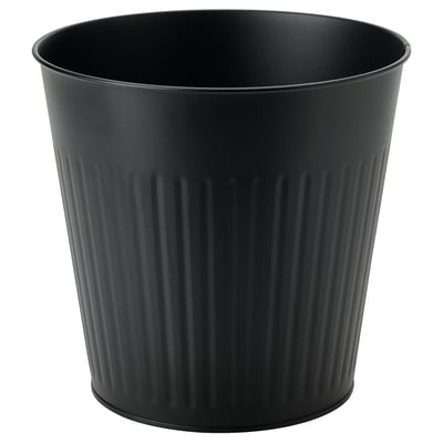 Pflanzgefäß aus schwarz verzinktem Stahl mit vertikalen Rillen, modernes Design für Innen- oder Außenpflanzen.