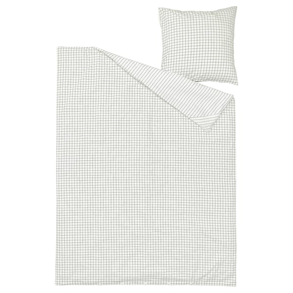 DOFTAKLEJA Bettdecke und Kissen aus weißer/anthrazitfarbener, karierter/gestreifter Baumwolle mit Ecktaschen.