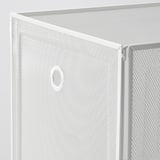 Nahaufnahme einer weißen Gitterbox, die ihren stabilen Metallrahmen und -griff zeigt.