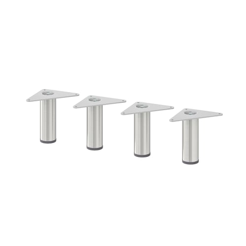 Vier metallic-silberne EKET-Beine mit Montageplatten, die nebeneinander angeordnet sind.