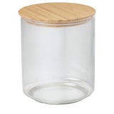 Lebensmittelglas aus klarem Glas mit Bambusdeckel, zylindrische Form.