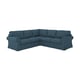 Blaues Ecksofa mit dicken Kissen, modernes Design, gepolstert mit Baumwollmischung.