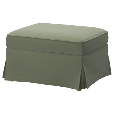 Grüner EKTORP Fußhocker mit Kissen, quadratische Form, weicher Stoffbezug.