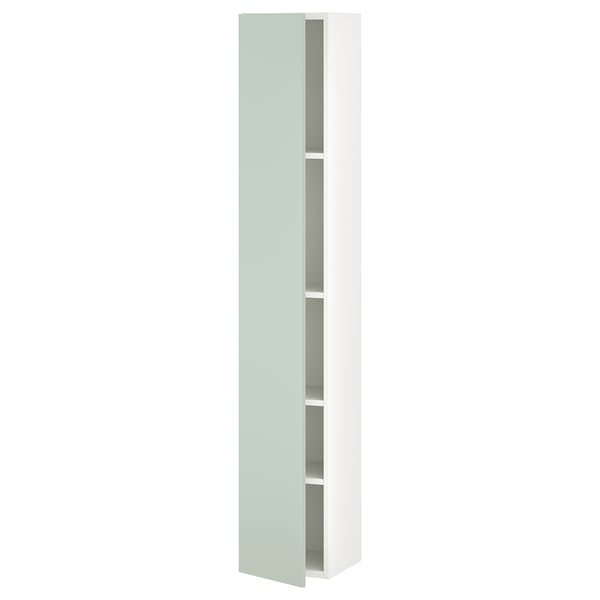 Weißer Hochschrank mit hellgraugrüner Tür, vier Einlegeböden - modern, schlank, wandmontiert.