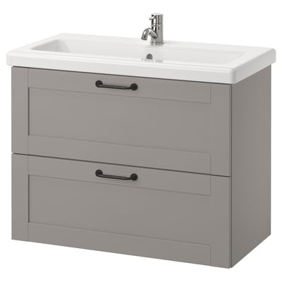 ENHET / TVÄLLEN Waschbeckenschrank/2 Schubl., grau Rahmen/grau PILKÅN Mischbatterie, 84x43x65 cm