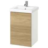ENHET Waschbeckenschrank aus heller Eiche, weiße Platte, moderner Stil mit 2 Schubladen, verchromter Wasserhahn.