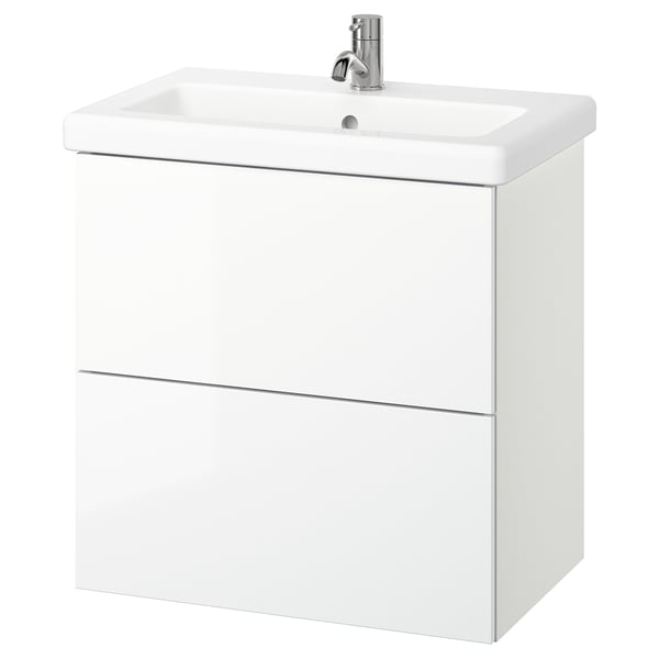 Ein weißer, wandmontierter Waschtisch mit zwei Schubladen und einem rechteckigen Waschbecken aus Keramik. Es hat ein schlankes, modernes Design mit verchromten Armaturen.