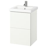 Weißer Waschtischunterschrank ENHET, quadratisches Waschbecken, verchromte Armatur, Wandmontage.