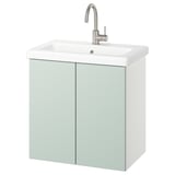 ENHET hellgrüner Badezimmerschrank mit weißem Waschbecken und silbernem Wasserhahn.