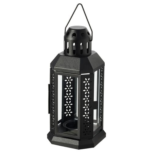 ENRUM schwarze Laterne, Metall & Glas, florale Ausschnitte, hängender Griff.