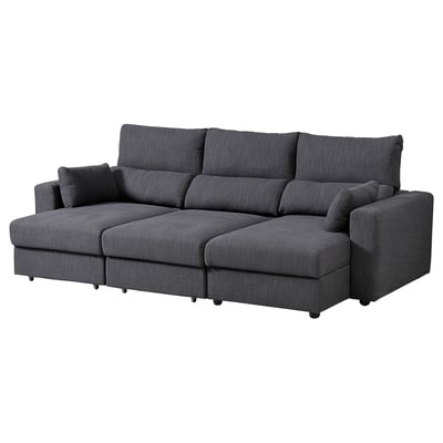 Graues ESKILSTUNA Sofa, bequemes und verstellbares Design mit hoher Rückenlehne, Stoff- und Holzstruktur.