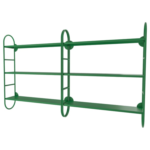 Wandregal aus grünem Metall, minimalistisches Design mit drei Ebenen, abgerundeten Ecken.