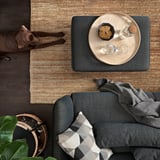 Ein gemütlicher Wohnraum mit einem dunkelgrauen FAMMARP-Sofa, einem grauen Kissen, einem karierten Kissen, einer Schlafkatze, einem Tablett mit Keksen und einer Brille auf einem gewebten Teppich.