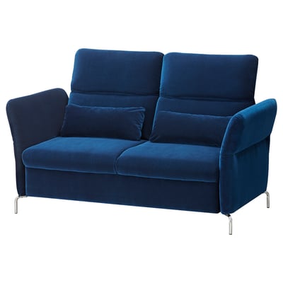 Blaues FAMMARP-Sofa, zeitgenössisches Design mit verstellbaren Kopfstützen, Samtpolsterung, verchromte Beine.