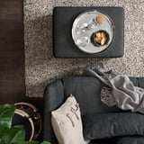 Modernes Wohnzimmer: graues FAMMARP-Sofa, grauer Überwurf, rundes Tablett mit Keksen und Gläsern auf gemustertem Teppich, neben Pflanzen und Korb.