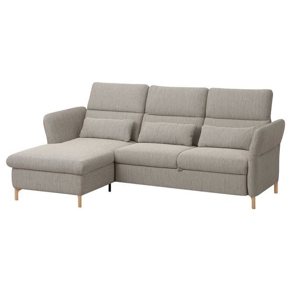 Ein graues FAMMARP-Sektionssofa mit verstellbaren Kopfstützen, Holzbeinen und einem gemütlichen Eckdesign. Es hat ein modernes, komfortables Aussehen.