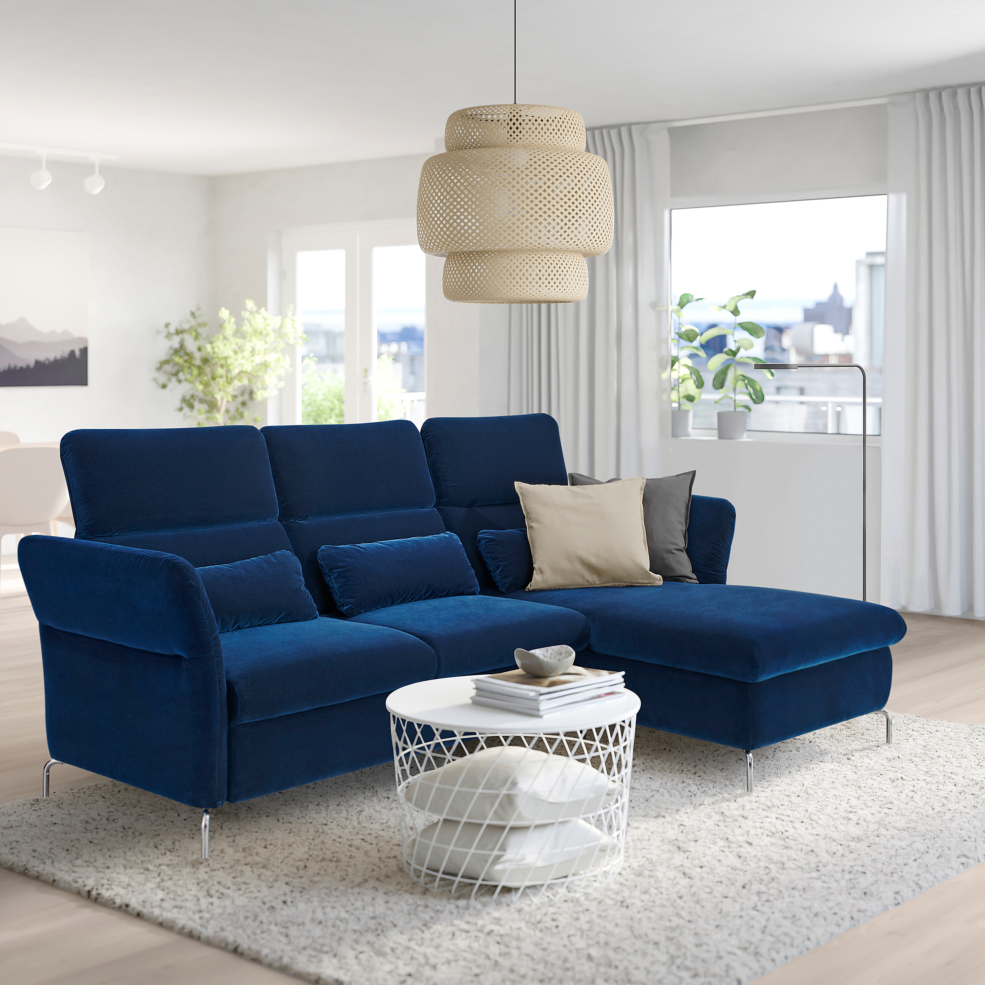 FAMMARP 3erSofa mit Récamiere, rechts Metall/Djuparp dunkel grünblau