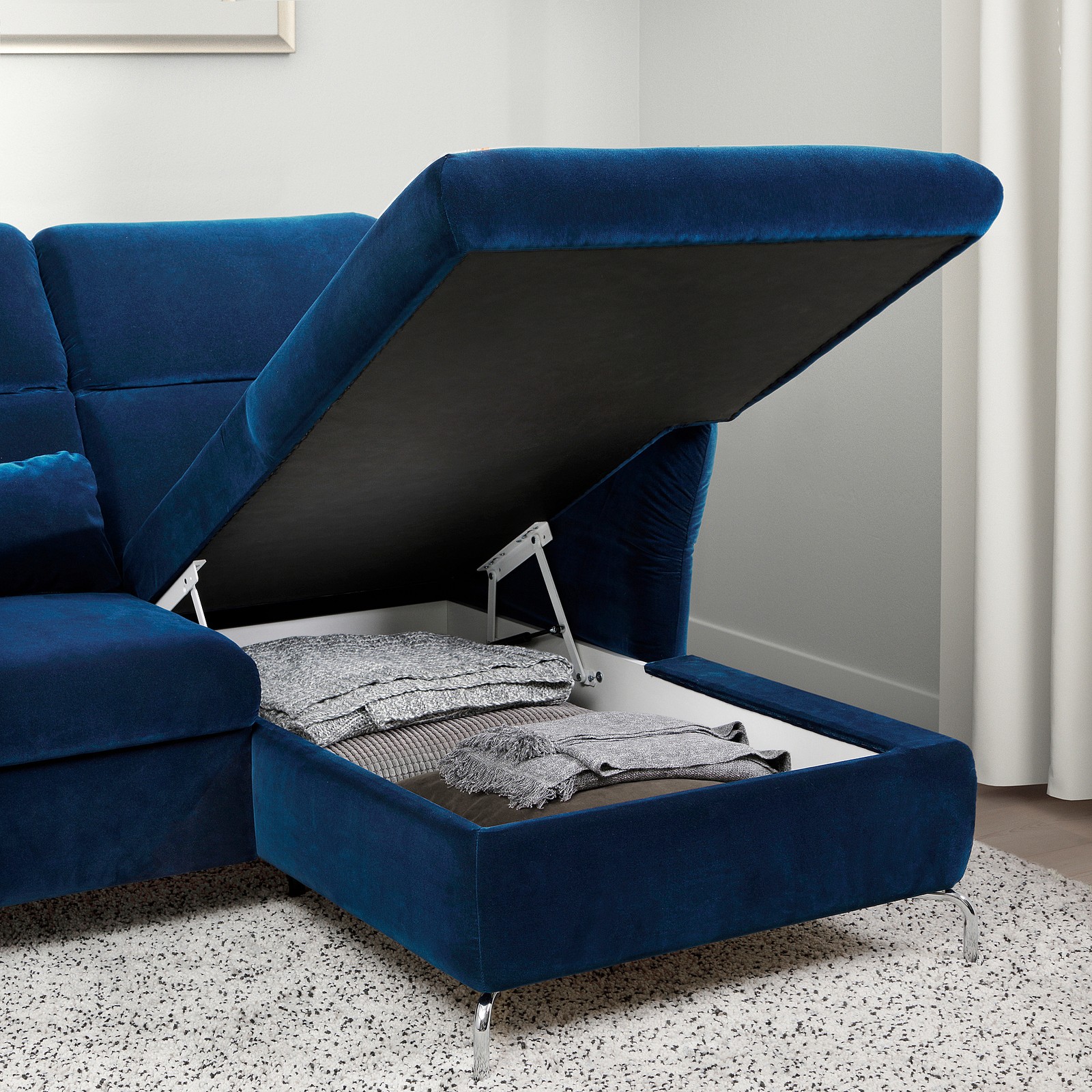 FAMMARP 3erSofa mit Récamiere, rechts Metall/Djuparp dunkel grünblau