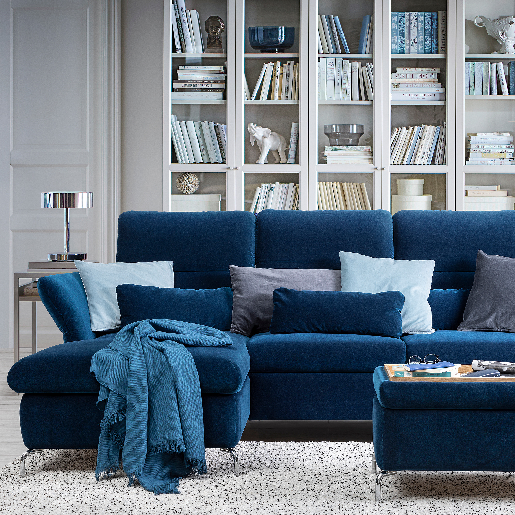 FAMMARP 4erSofa mit Récamiere links Metall/Djuparp dunkel grünblau