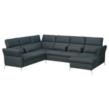 Das Bild zeigt das dunkelgraue L-förmige Sofa FAMMARP mit verstellbaren Kopfstützen für mehr Komfort.