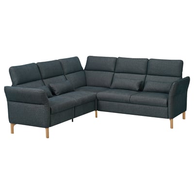 Modernes dunkelgraues L-förmiges Sofa mit verstellbaren Kissen und Holzbeinen.