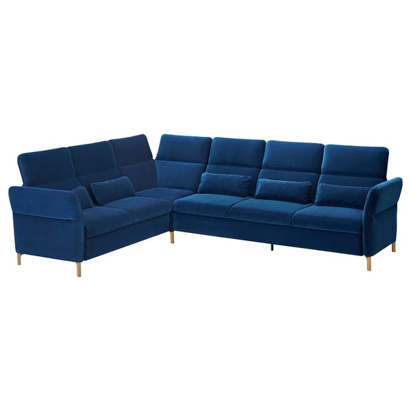 Es handelt sich um ein blaues FAMMARP-Sektionssofa, schlankes Design mit verstellbaren Kopfstützen und Holzbeinen.