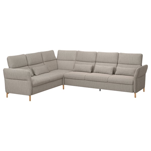 Modernes L-förmiges FAMMARP-Sofa, grauer Tweedstoff, verstellbare Abschnitte, schicke Holzbeine.