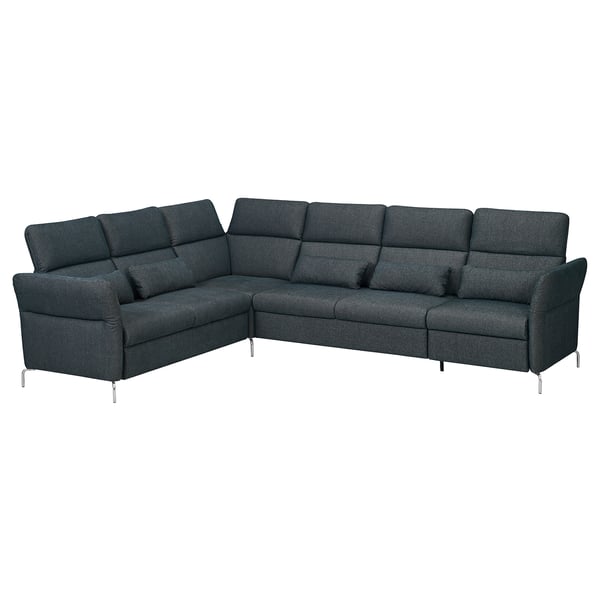 Dunkelgraues L-förmiges Ecksofa, modernes Design mit verstellbaren Kopfstützen, Stahlbeinen.