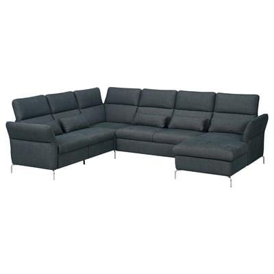 Dunkelgraues Sektionssofa, modernes Design, Metallbeine, Plüschkissen.
