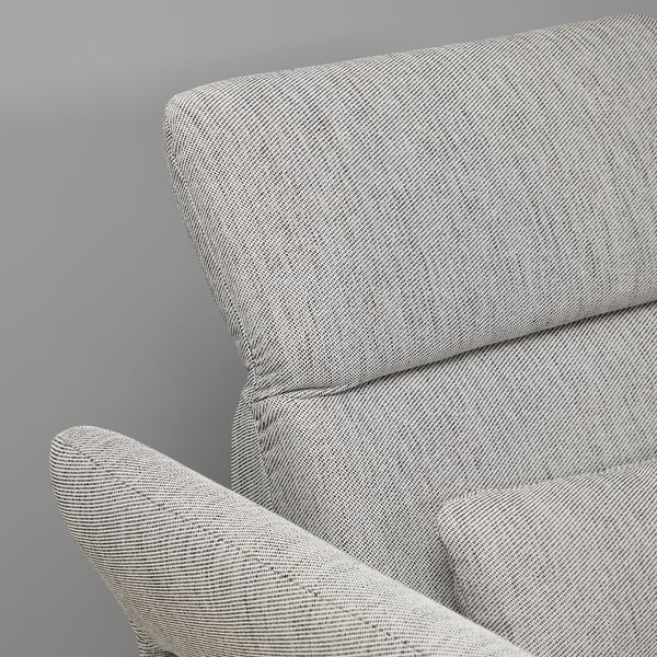 Nahaufnahme eines modernen, grauen Tweed-Sofas mit klaren Linien, gepolsterten Sitzgelegenheiten und verstellbarer Kopfstütze.